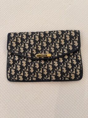 Dior Black and Beige Monogram Envelope Clutch with Gold-Tone Accent